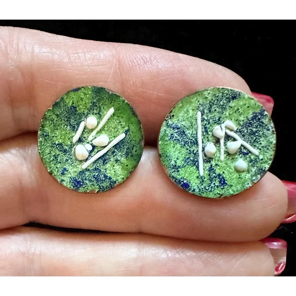 1950's Hand made Copper & Enamel Pin and Earrings Set Green White MCM